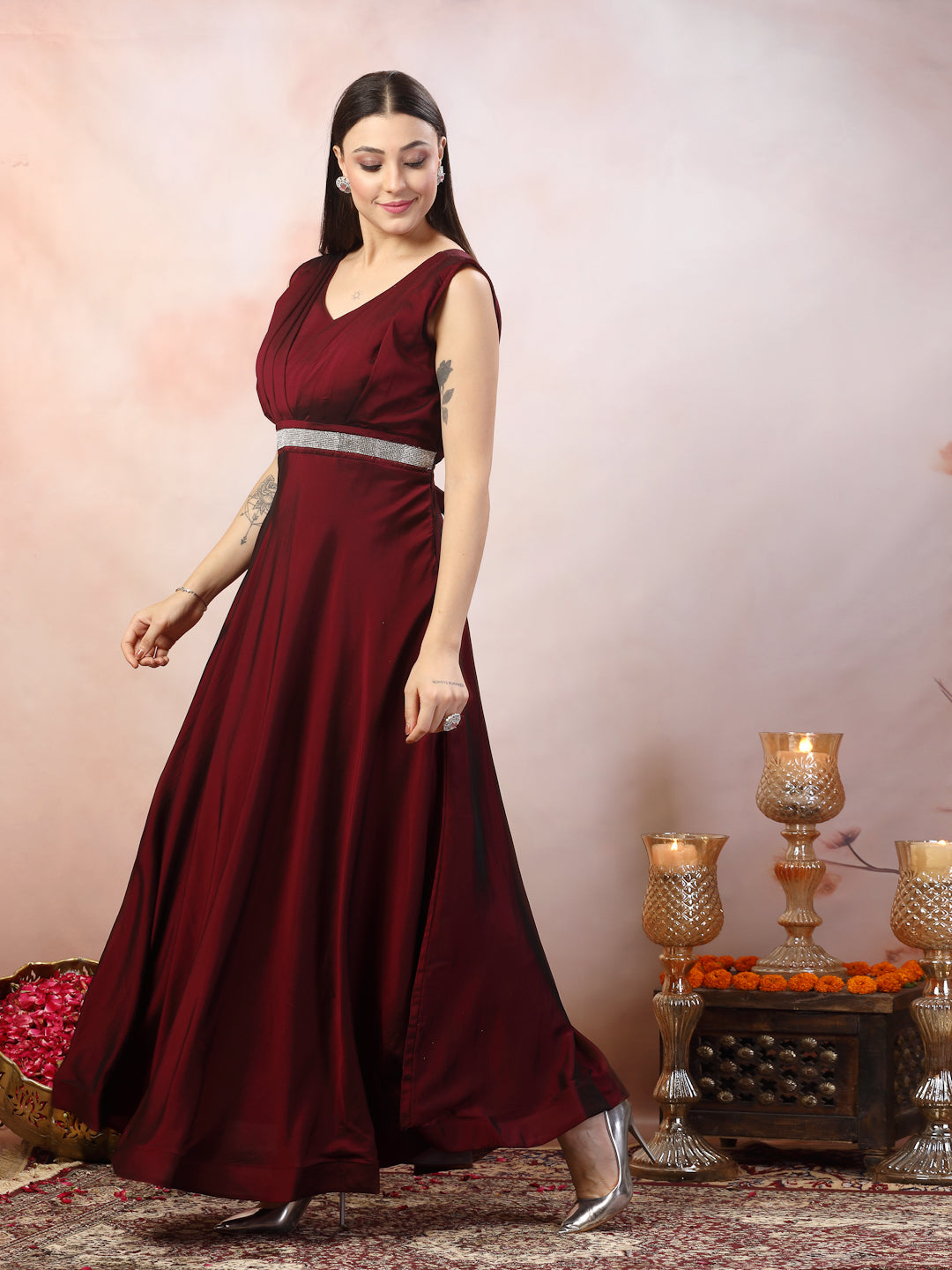 Stylum Women's Wine Solid Party Wear Satin Gown (GWWINERIWAZ)