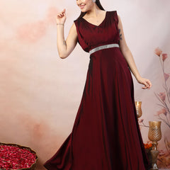 Stylum Women's Wine Solid Party Wear Satin Gown (GWWINERIWAZ)