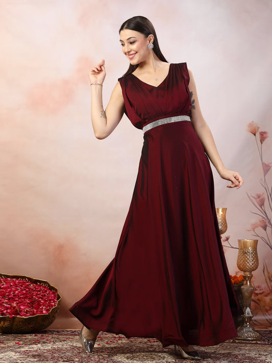 Stylum Women's Wine Solid Party Wear Satin Gown (GWWINERIWAZ)