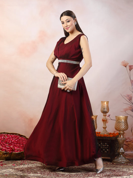 Stylum Women's Wine Solid Party Wear Satin Gown (GWWINERIWAZ)