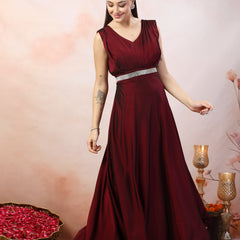 Stylum Women's Wine Solid Party Wear Satin Gown (GWWINERIWAZ)