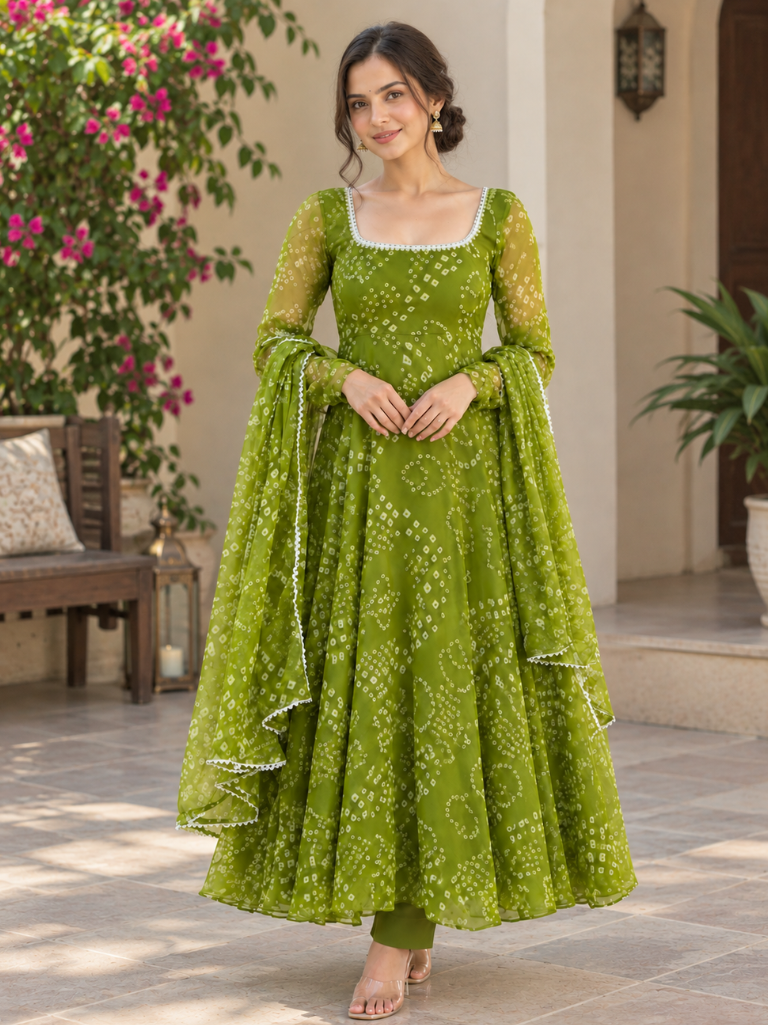 Olive Green Bandhani Print Georgette Anarkali Suit Set(KPDGREENKARAJ)