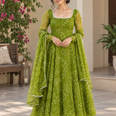 Olive Green Bandhani Print Georgette Anarkali Suit Set(KPDGREENKARAJ)