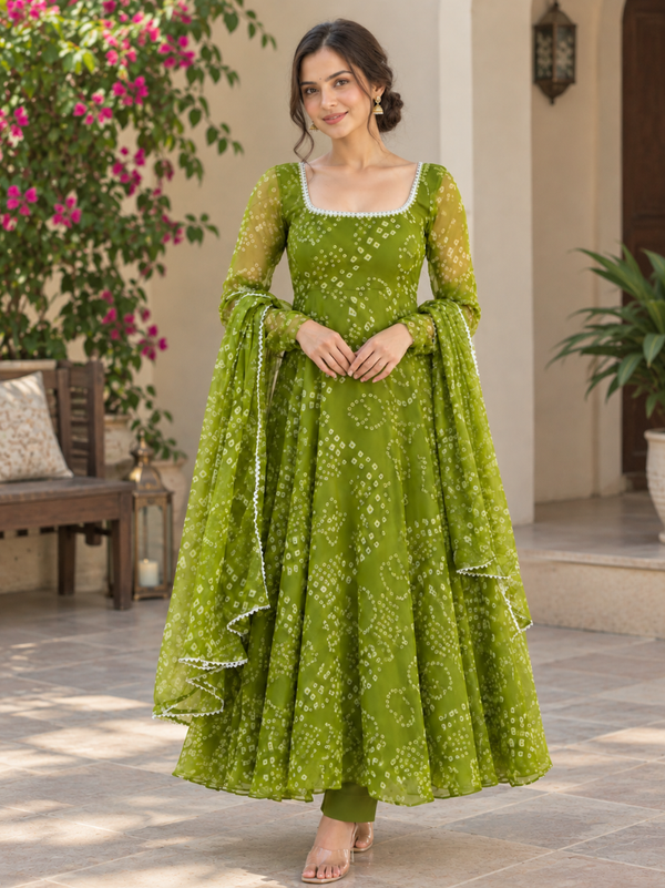 Olive Green Bandhani Print Georgette Anarkali Suit Set(KPDGREENKARAJ)