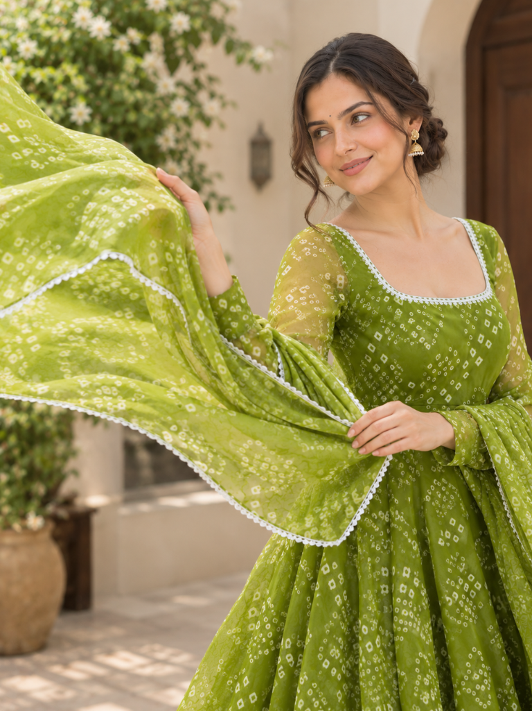 Olive Green Bandhani Print Georgette Anarkali Suit Set(KPDGREENKARAJ)