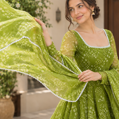 Olive Green Bandhani Print Georgette Anarkali Suit Set(KPDGREENKARAJ)