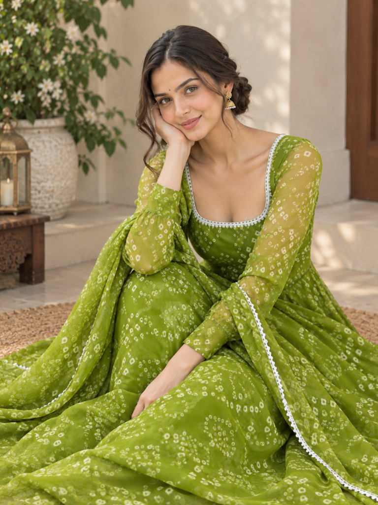 Olive Green Bandhani Print Georgette Anarkali Suit Set(KPDGREENKARAJ)