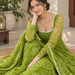 Olive Green Bandhani Print Georgette Anarkali Suit Set(KPDGREENKARAJ)