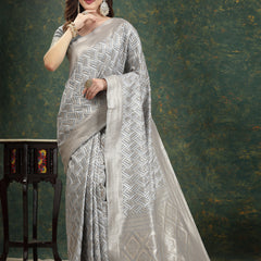 Stylum Women's Ethnic Motifs Woven Design Zari Linen Blend Banarasi Saree (Greysanon)