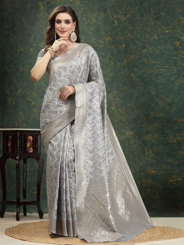 Stylum Women's Ethnic Motifs Woven Design Zari Linen Blend Banarasi Saree (Greysanon)