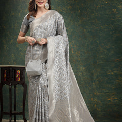 Stylum Women's Ethnic Motifs Woven Design Zari Linen Blend Banarasi Saree (Greysanon)