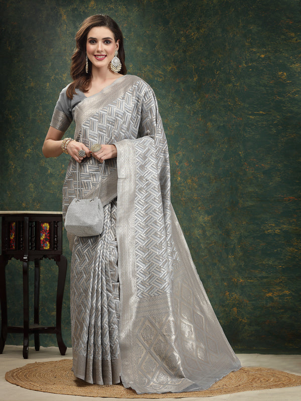 Stylum Women's Ethnic Motifs Woven Design Zari Linen Blend Banarasi Saree (Greysanon)