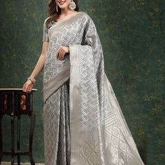Stylum Women's Ethnic Motifs Woven Design Zari Linen Blend Banarasi Saree (Greysanon)
