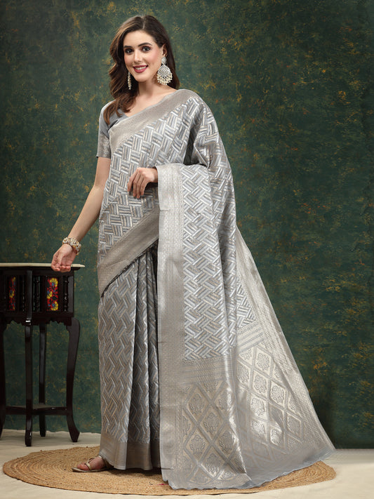 Stylum Women's Ethnic Motifs Woven Design Zari Linen Blend Banarasi Saree (Greysanon)
