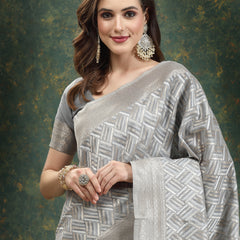 Stylum Women's Ethnic Motifs Woven Design Zari Linen Blend Banarasi Saree (Greysanon)