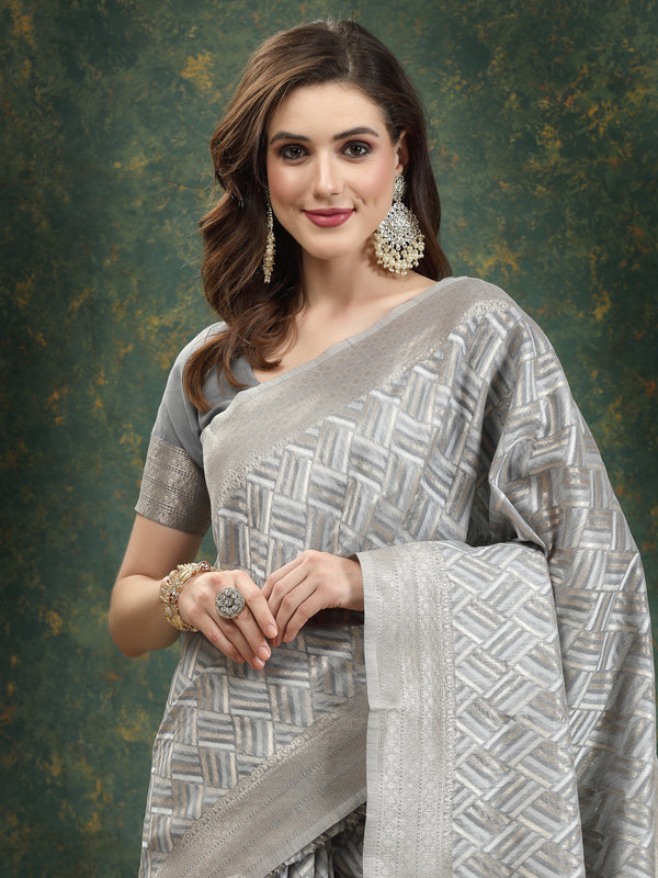 Stylum Women's Ethnic Motifs Woven Design Zari Linen Blend Banarasi Saree (Greysanon)
