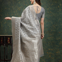Stylum Women's Ethnic Motifs Woven Design Zari Linen Blend Banarasi Saree (Greysanon)