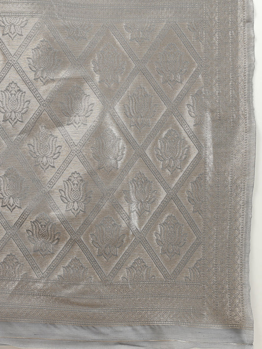 Stylum Women's Ethnic Motifs Woven Design Zari Linen Blend Banarasi Saree (Greysanon)