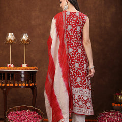 Stylum Women's Red Printed & Embroidered Rayon A-Line Kurta Dupatta Set (KDREDBULL)