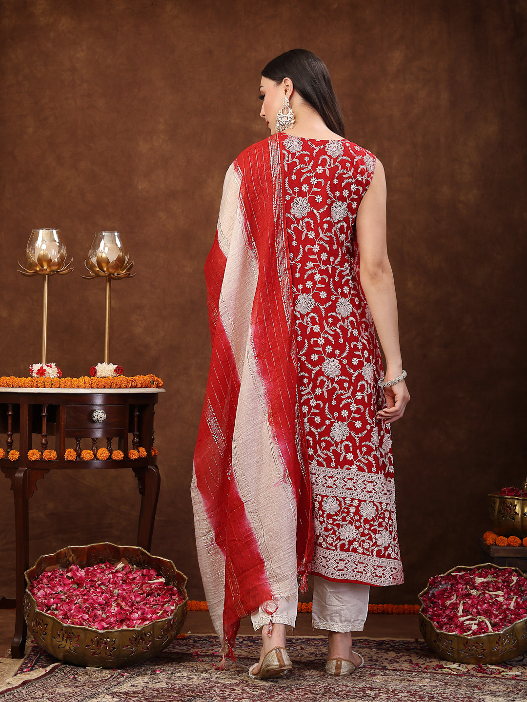 Stylum Women's Red Printed & Embroidered Rayon A-Line Kurta Dupatta Set (KDREDBULL)