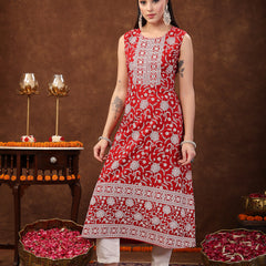 Stylum Women's Red Printed & Embroidered Rayon A-Line Kurta Dupatta Set (KDREDBULL)