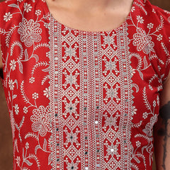 Stylum Women's Red Printed & Embroidered Rayon A-Line Kurta Dupatta Set (KDREDBULL)
