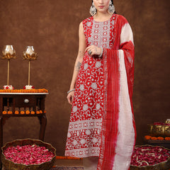 Stylum Women's Red Printed & Embroidered Rayon A-Line Kurta Dupatta Set (KDREDBULL)