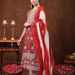 Stylum Women's Red Printed & Embroidered Rayon A-Line Kurta Dupatta Set (KDREDBULL)