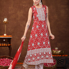Stylum Women's Red Printed & Embroidered Rayon A-Line Kurta Dupatta Set (KDREDBULL)