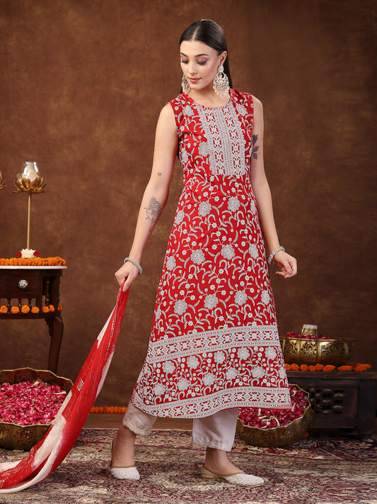 Stylum Women's Red Printed & Embroidered Rayon A-Line Kurta Dupatta Set (KDREDBULL)