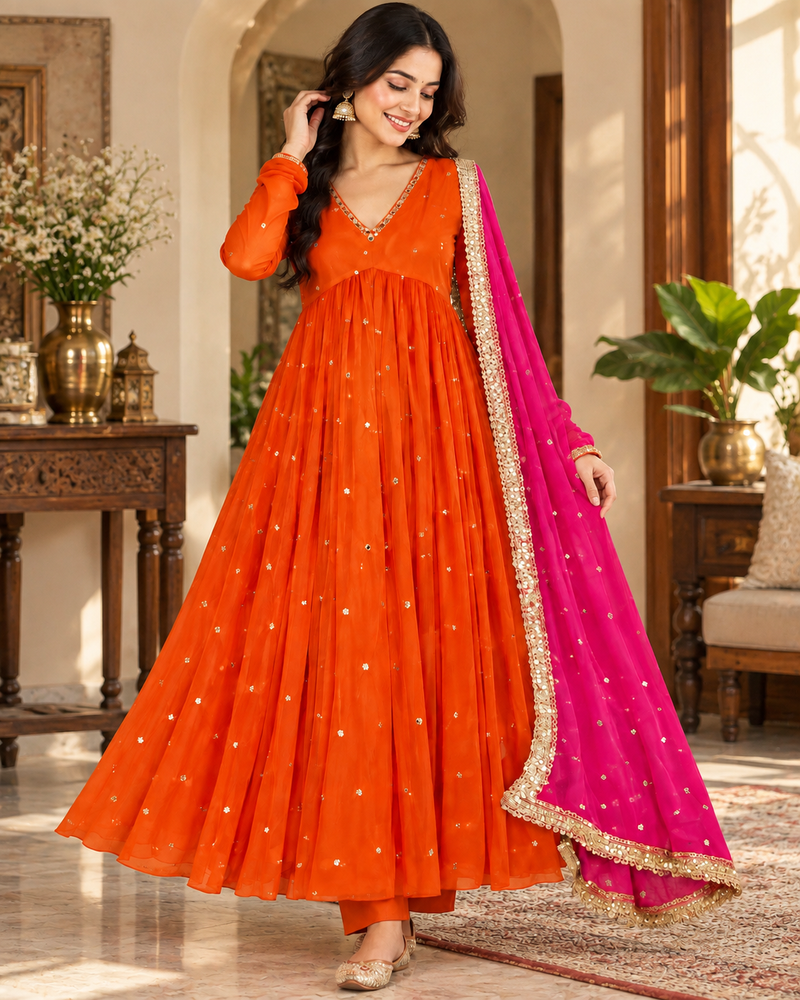 Orange Embroidered Anarkali Suit with Pink Organza Dupatta(KPDRUSTVRINDA)