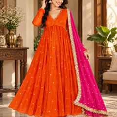 Orange Embroidered Anarkali Suit with Pink Organza Dupatta(KPDRUSTVRINDA)