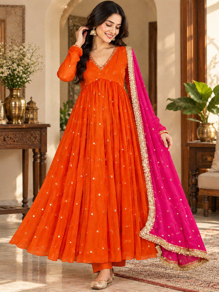 Orange Embroidered Anarkali Suit with Pink Organza Dupatta(KPDRUSTVRINDA)