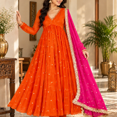 Orange Embroidered Anarkali Suit with Pink Organza Dupatta(KPDRUSTVRINDA)