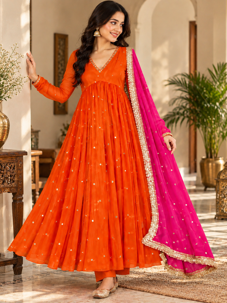 Orange Embroidered Anarkali Suit with Pink Organza Dupatta(KPDRUSTVRINDA)