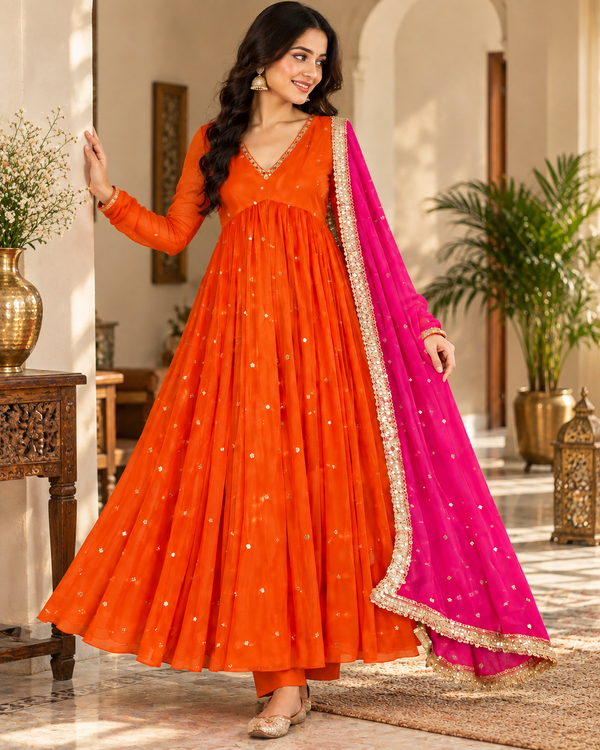 Orange Embroidered Anarkali Suit with Pink Organza Dupatta(KPDRUSTVRINDA)