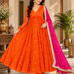 Orange Embroidered Anarkali Suit with Pink Organza Dupatta(KPDRUSTVRINDA)