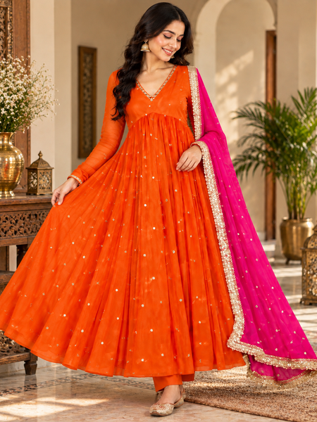 Orange Embroidered Anarkali Suit with Pink Organza Dupatta(KPDRUSTVRINDA)