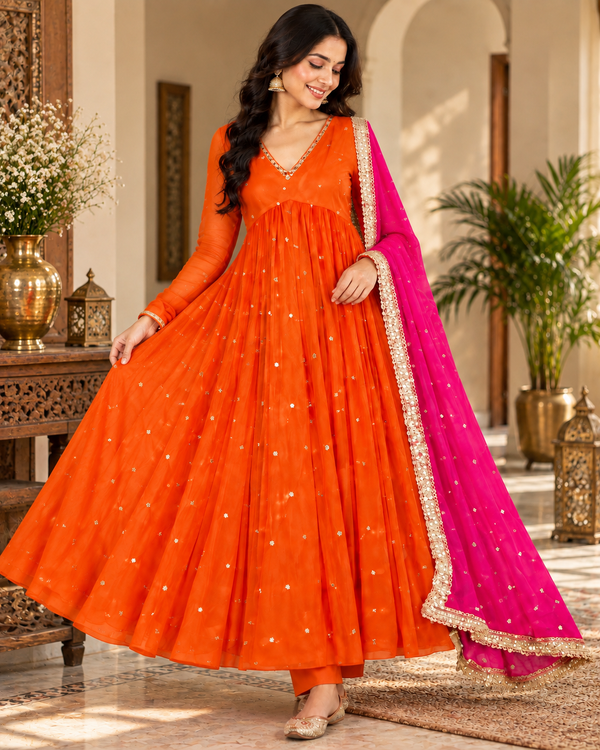 Orange Embroidered Anarkali Suit with Pink Organza Dupatta(KPDRUSTVRINDA)