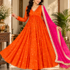 Orange Embroidered Anarkali Suit with Pink Organza Dupatta(KPDRUSTVRINDA)