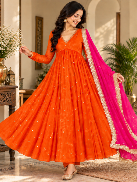 Orange Embroidered Anarkali Suit with Pink Organza Dupatta(KPDRUSTVRINDA)