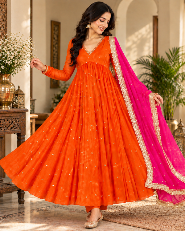 Orange Embroidered Anarkali Suit with Pink Organza Dupatta(KPDRUSTVRINDA)