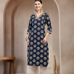 Stylum Women's Indigo Block Printed Cotton Straight Kurta (INDIGODONUT)