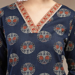 Stylum Women's Indigo Block Printed Cotton Straight Kurta (INDIGODONUT)