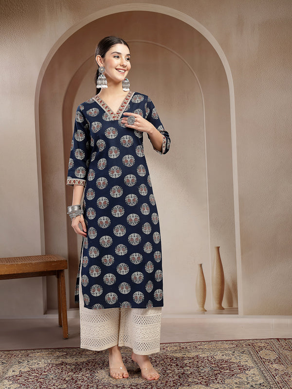 Stylum Women's Indigo Block Printed Cotton Straight Kurta (INDIGODONUT)