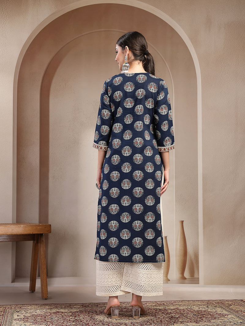 Stylum Women's Indigo Block Printed Cotton Straight Kurta (INDIGODONUT)