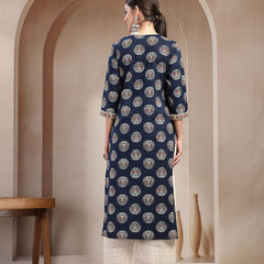Stylum Women's Indigo Block Printed Cotton Straight Kurta (INDIGODONUT)