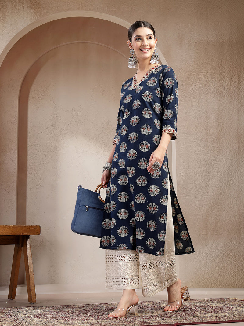 Stylum Women's Indigo Block Printed Cotton Straight Kurta (INDIGODONUT)