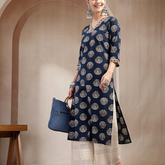 Stylum Women's Indigo Block Printed Cotton Straight Kurta (INDIGODONUT)