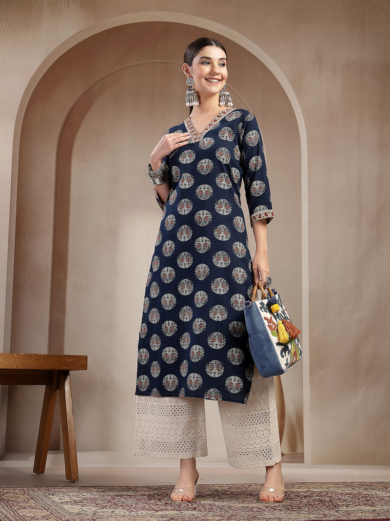 Stylum Women's Indigo Block Printed Cotton Straight Kurta (INDIGODONUT)